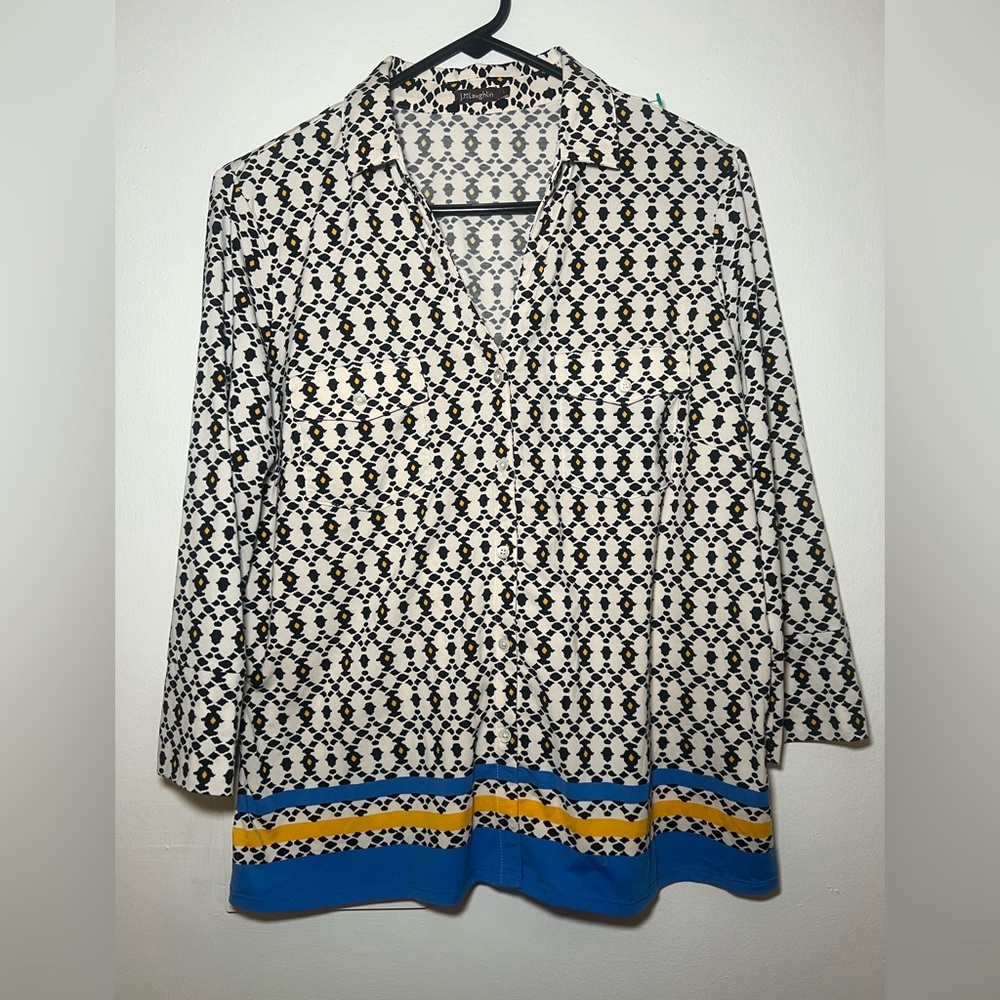 J. McLaughlin White Button-Front Blouse with Black Print and Blue & Yellow Trim